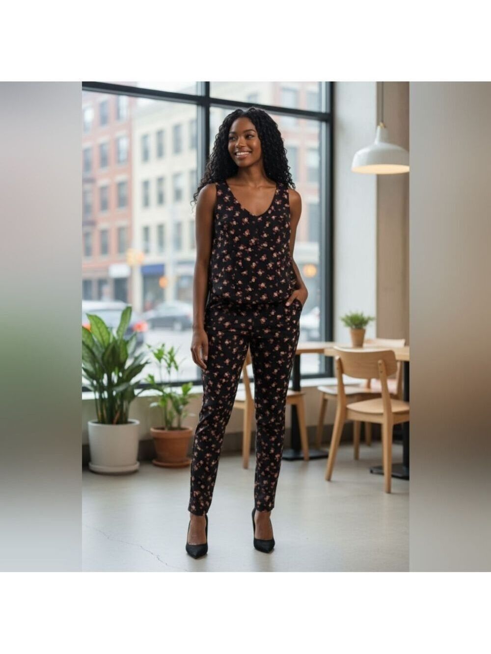 Cabi Black Floral Legging Top Set Medium
